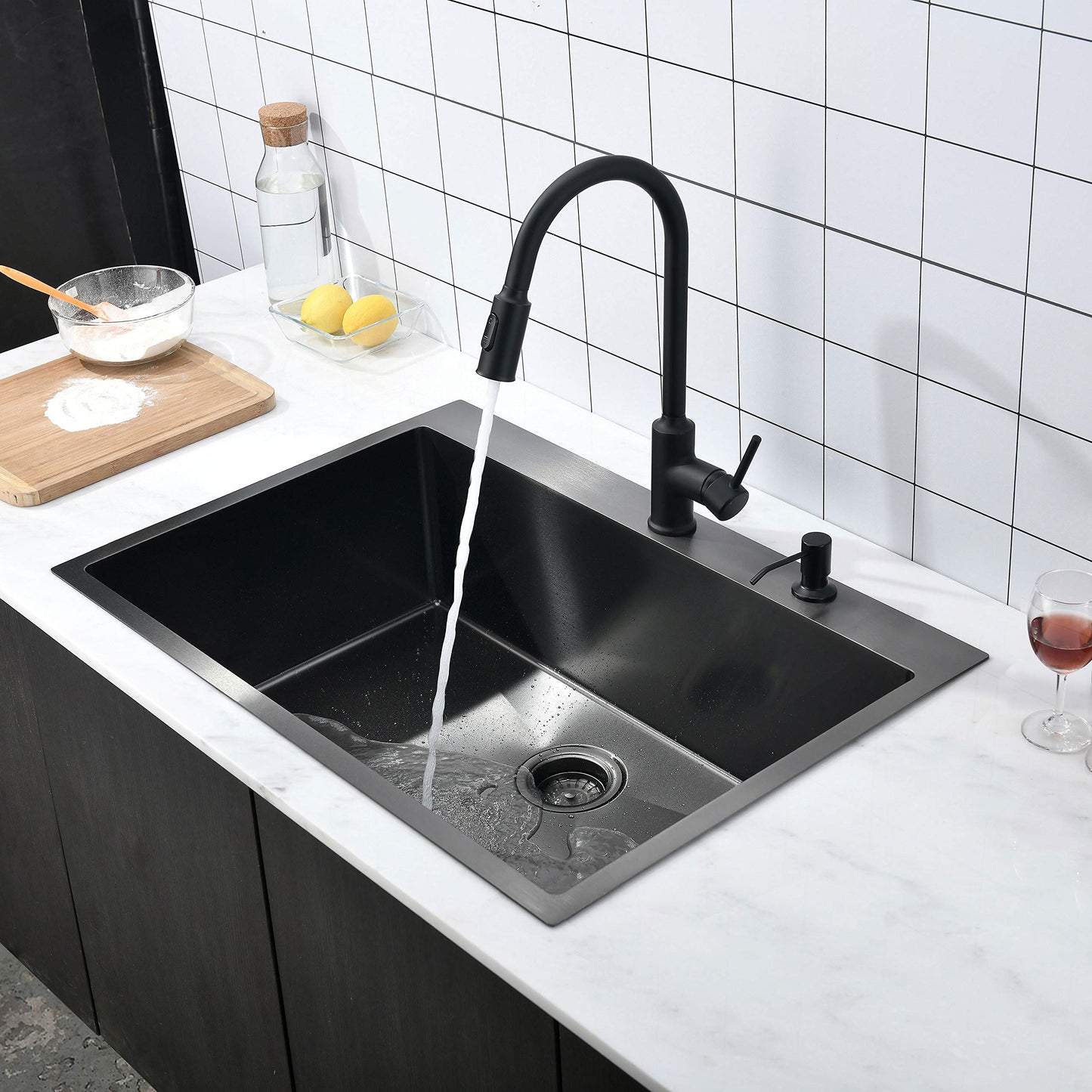 33″x22″x9″ Drop In Kitchen Sink Black, Top mount SUS304 Stainless Steel Gunmetal Black Sink 18 Gauge Single Bowl, Handmade Commercial Modern Workstation Prep Kitchen Sinks