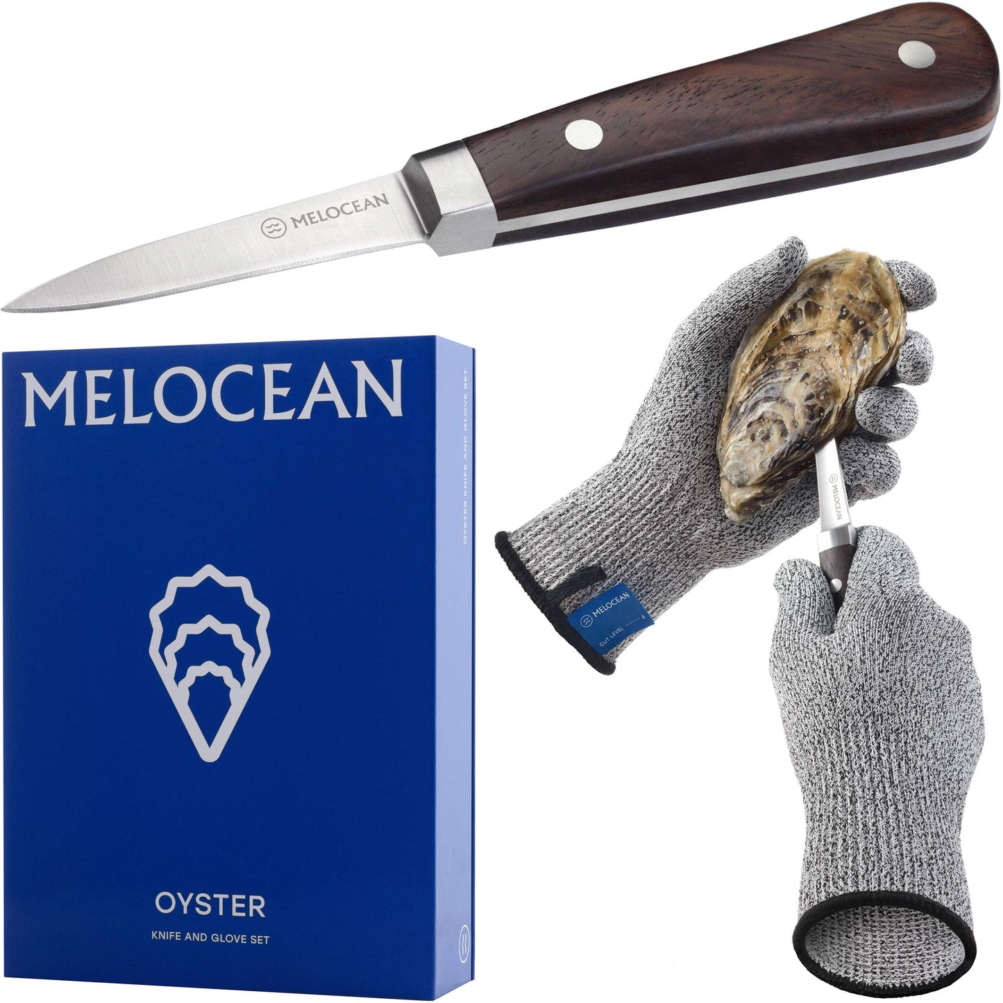 Melocean Oyster Shucking Knife and Gloves Set - Premium Oyster Knife and Shucking Gloves Kit - Professional Clam Shucker Opener Tool in Lovely Box - Bonus Ebook and Brochure Included