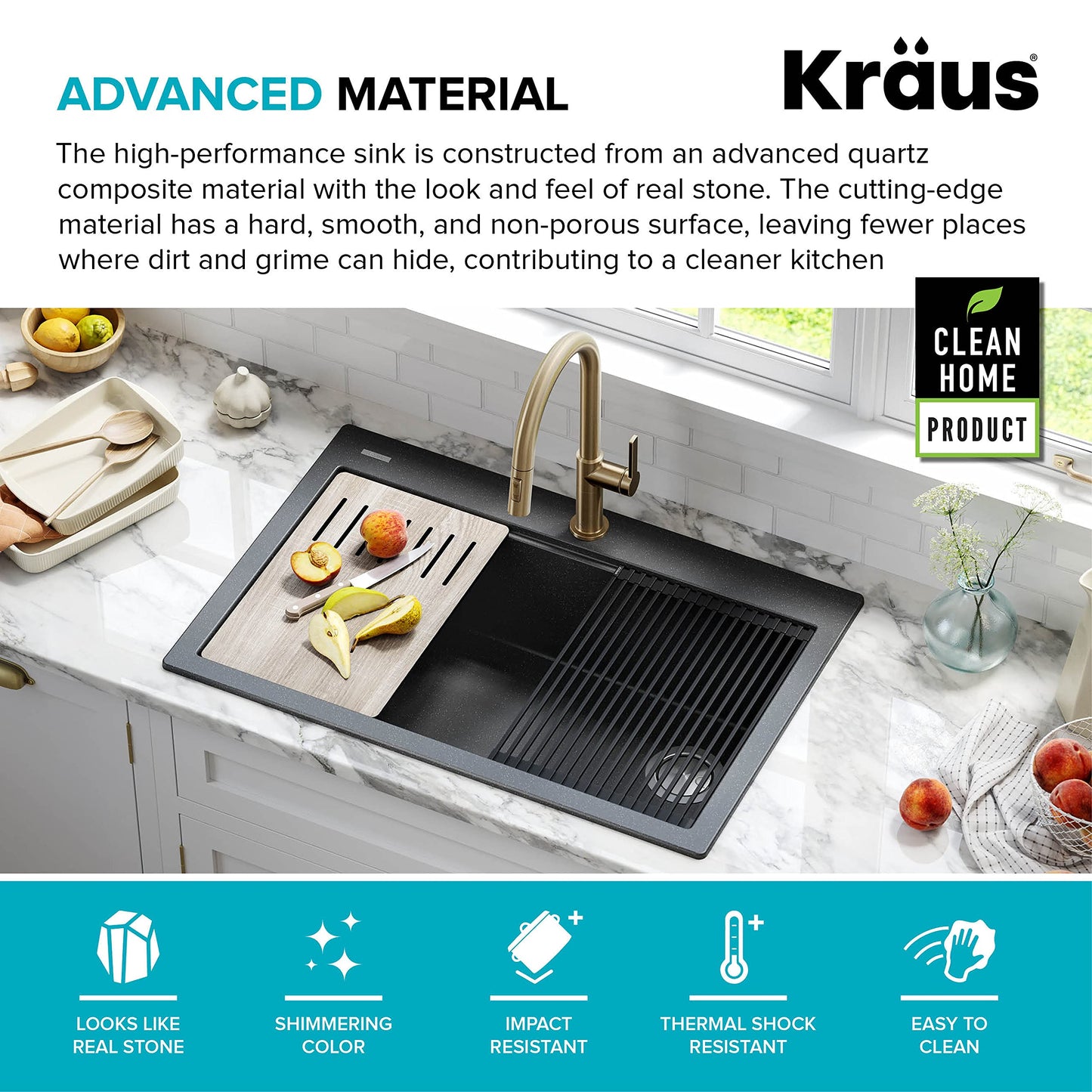 KRAUS Bellucci Workstation 33" Single Bowl Granite Kitchen Sink in Metallic Black w/Accessories, KGTW2-33MBL, Includes Dish Drainer/Dish Drying Rack