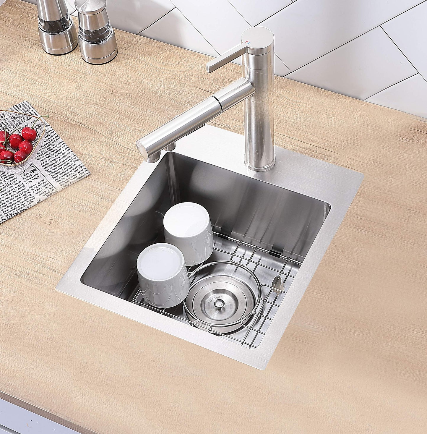 VCCUCINE Bar Sink Drop in,13x15 Inch Topmount RV Small Kitchen Sink,Handmade Stainless Steel Wet Bar Sink,Outdoor Single Bowl,Brushed Nickel Prep Sink with Accessories