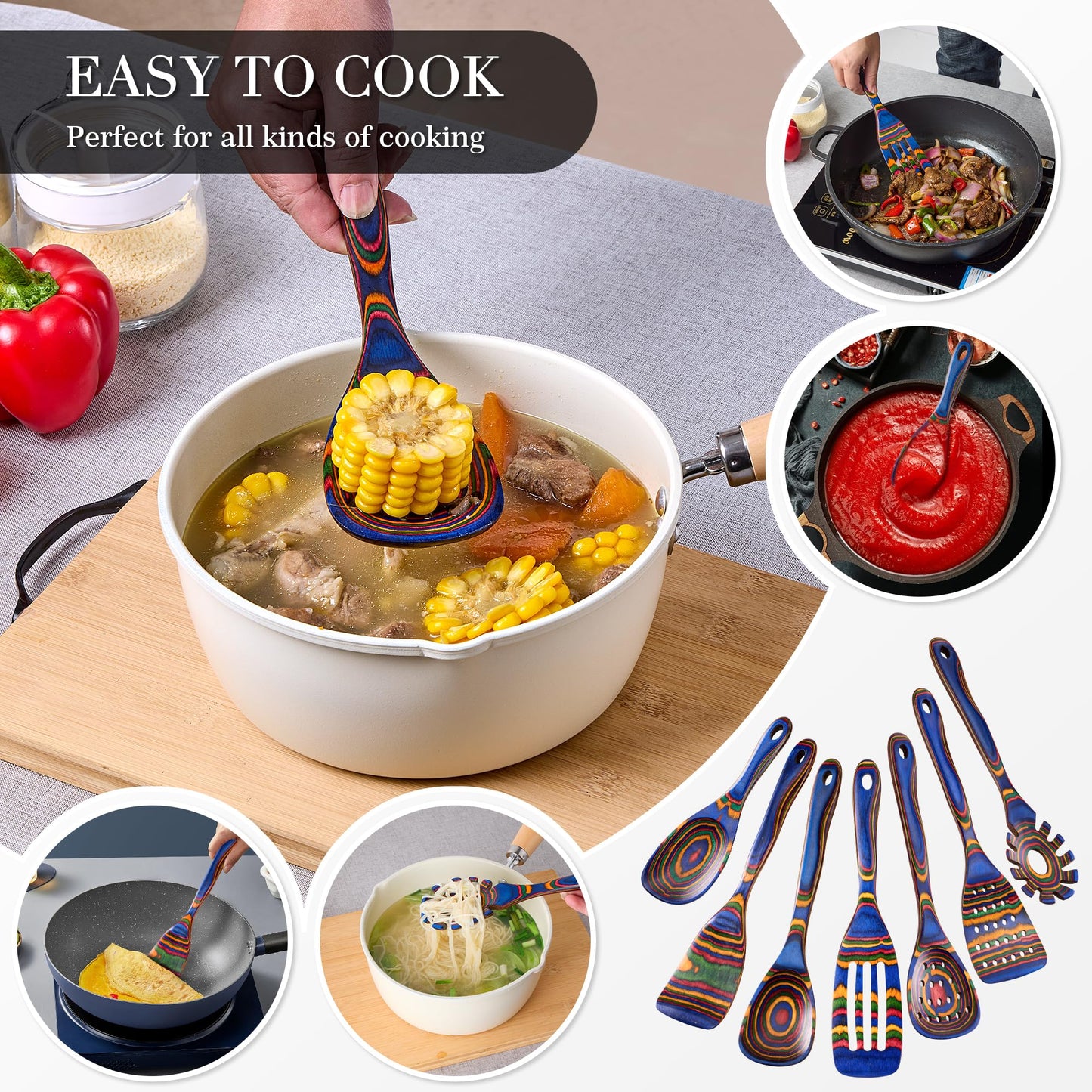 YUTFUBG Heat-Resistant Wood Cooking Utensils - 7pc Set, Eco-Friendly, Includes Spatula, Pasta & Slotted Spoons, Essential Kitchen Tool