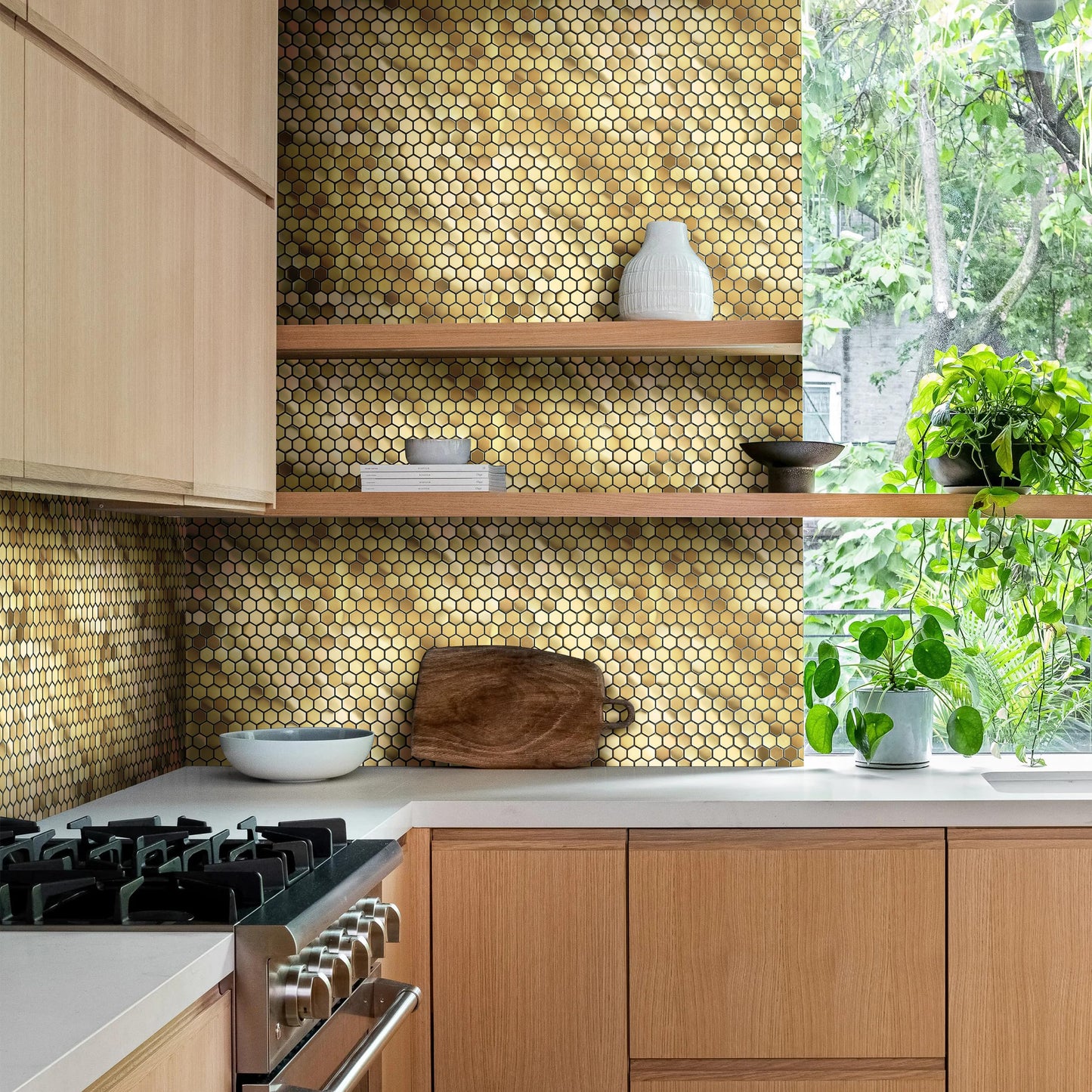 Primoon Hexagon Gold Backsplash Tile, Mosaic Sheets 12''x12'' Mesh Mounted Golden 1 Inch, Brushed Shiny Gold Tiles for Kitchen Bathroom Shower Wall Floor Accent Tile Hotel Lobby Décor【5 Sheets】