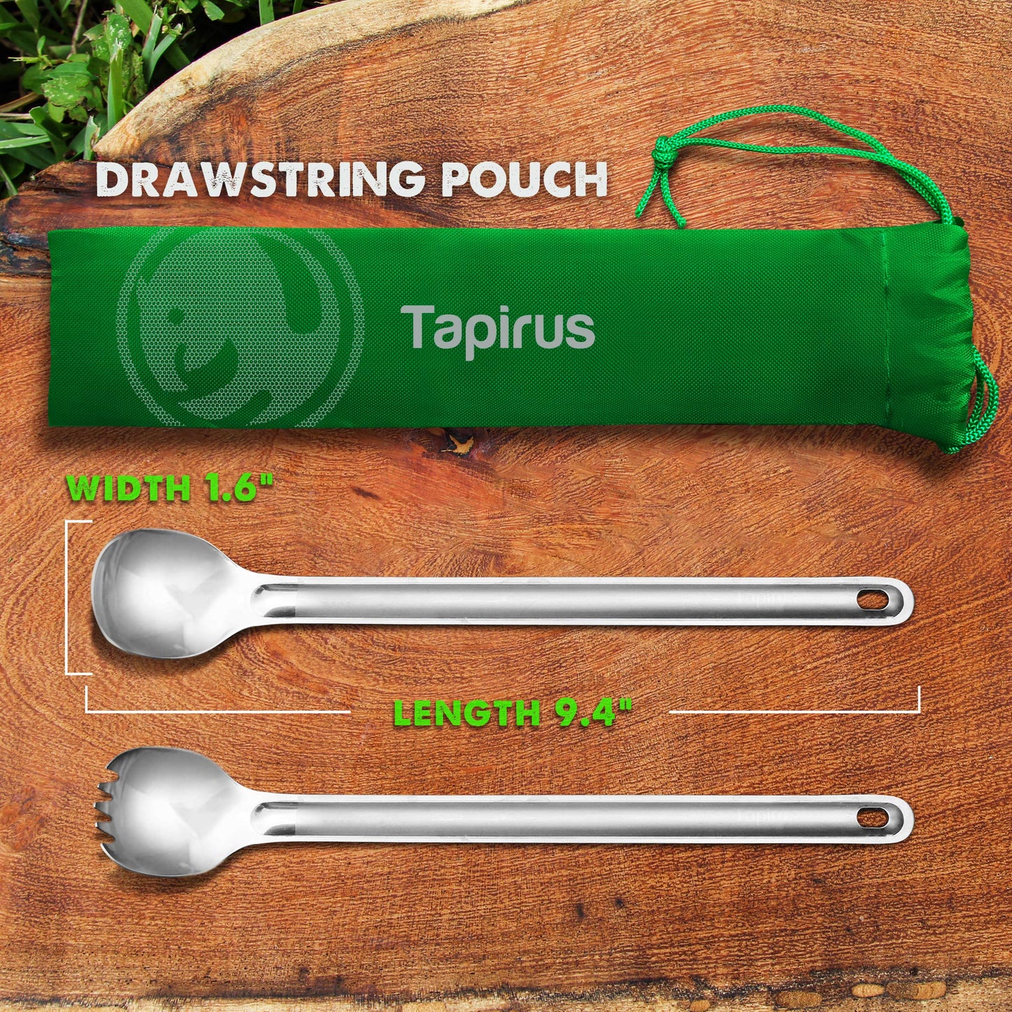 Tapirus - 9.4-inch Long Spork & Spoon Set - Long Handle Spork & Backpacking Spoon - Deep Reach, Stainless Steel Camping Utensils for MRE Bag, Backpacking, and Hiking - Stain & Rust-Resistant