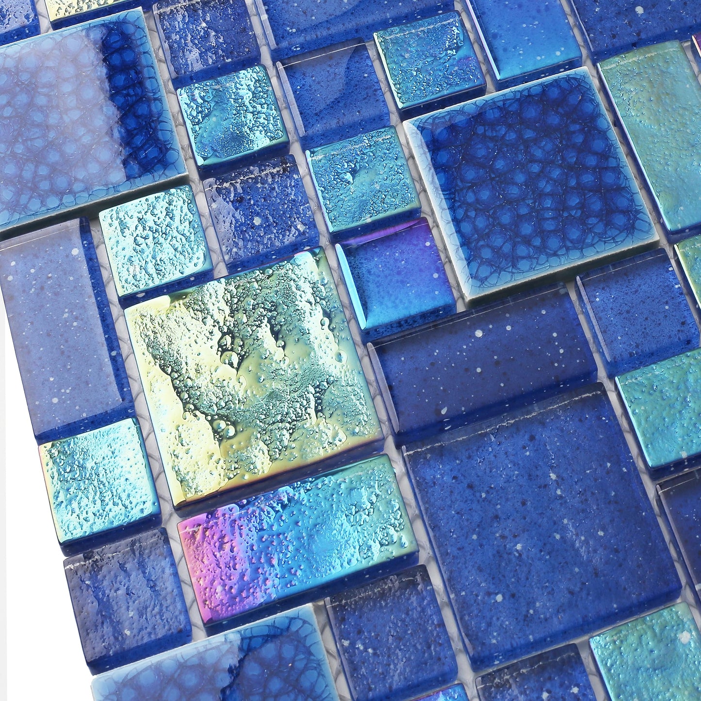 Blujellyfish Blue Glass Mosaic Tiles French Pattern Square Mosaics Sheets Iridescent Cobalt Blue Crystal Glass Ceramic Accent Wall Tile for Swimming Pool Kitchen Bathroom Backsplash (5 Square Feet)