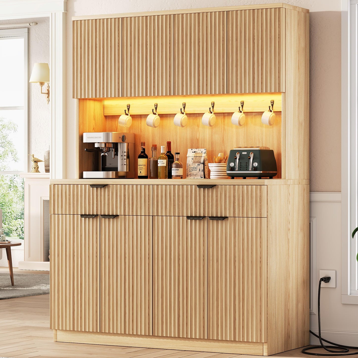 Jocoevol Fluted Kitchen Pantry Storage Cabinet with Charging Station/LED Light/Doors/Shelves, 71'' Tall Kitchen Food Hutch with Microwave Stand for Dining Room Living Room (Natural, 47 * 15.7 * 71)