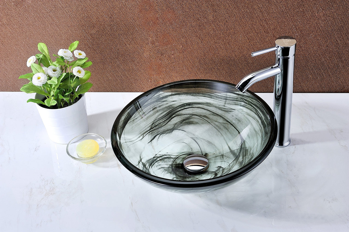 ANZZI Mezzo ModernTempered Glass Vessel Bowl Sink in Slumber Wisp | Grey Top Mount Bathroom sinks above counter | Round Vanity Countertop Sink Bowl with Pop Up Drain | LS-AZ054